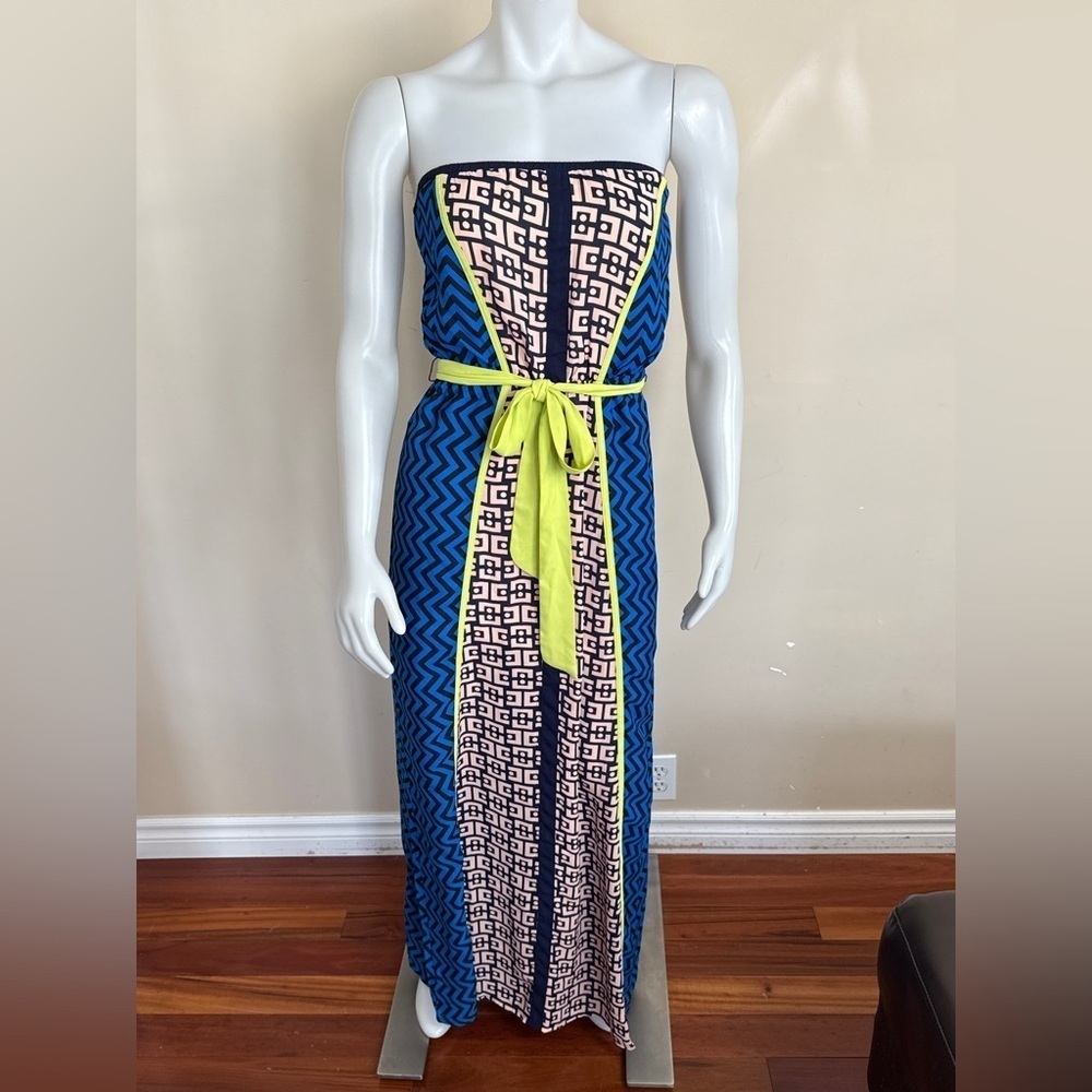 Jealous Tomato Strapless Blue Chevron & Neon Yellow Belt Maxi Dress - Picture 3 of 5